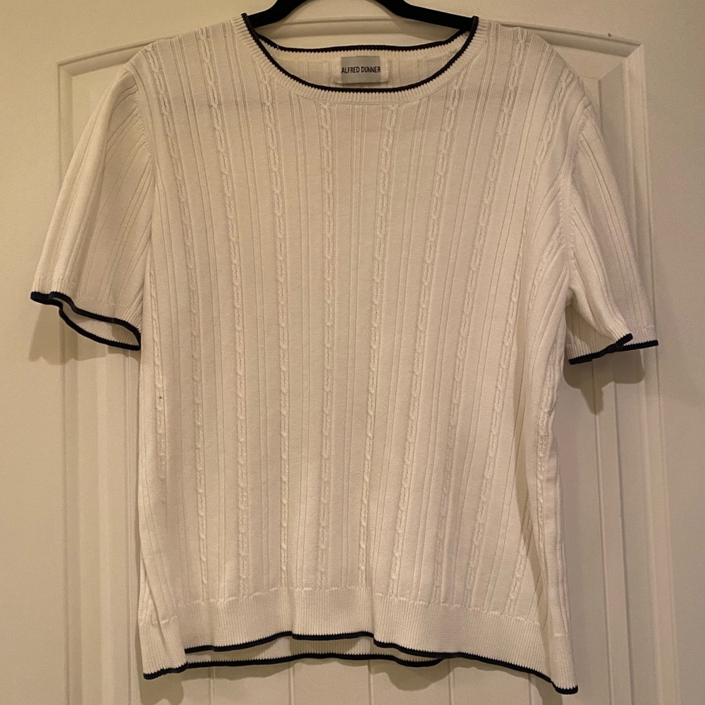 Alfred Dunner White and Navy Trim Faux Knit Shirt